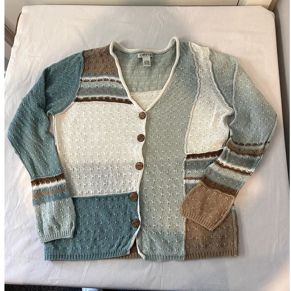 Orvis Womens Color Patchwork Cardigan Knit Sweater Wood Buttons V neck Size L